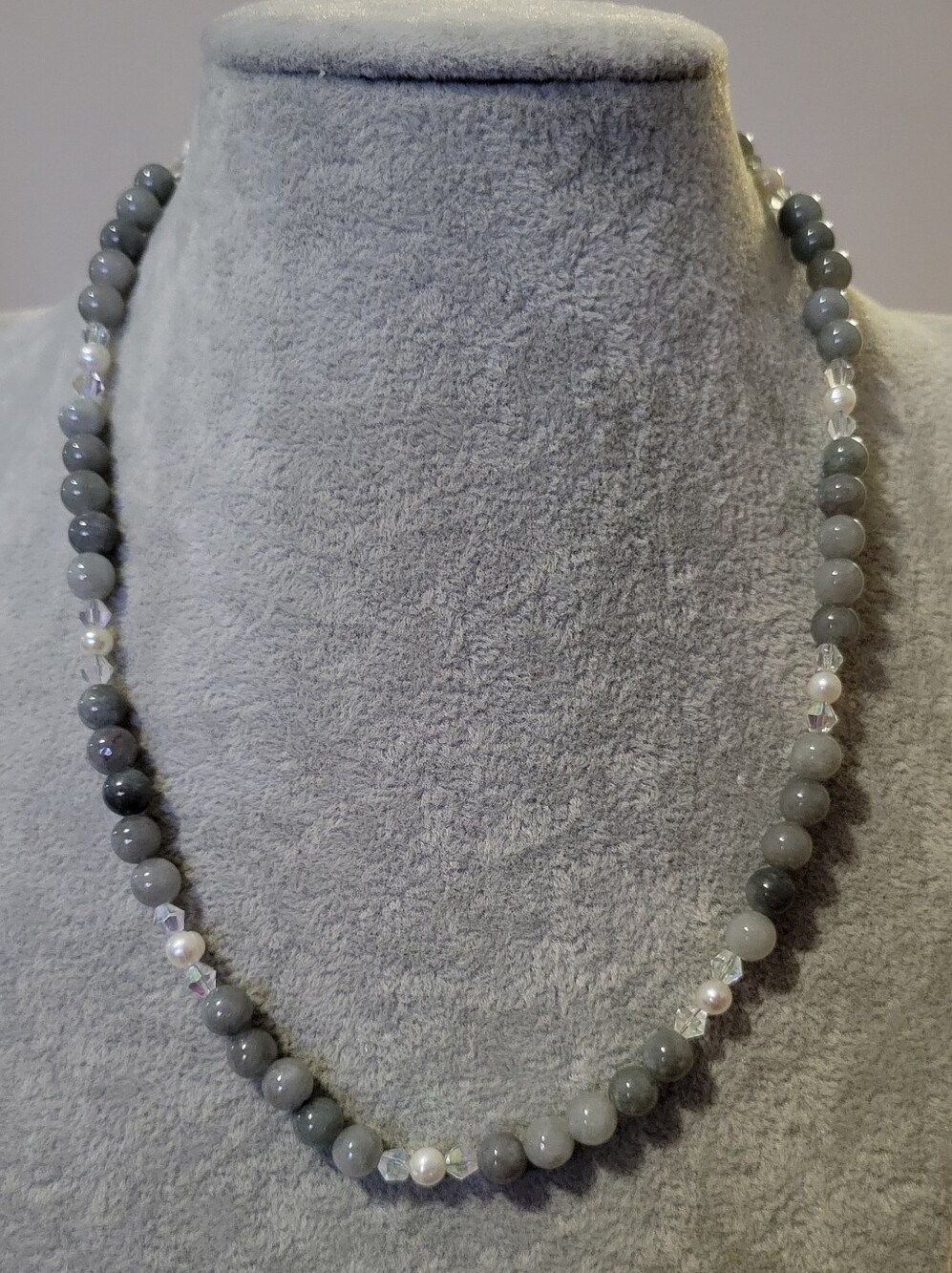 Grey Eagle Eye Quartz & Pearl Beaded Necklace | Artisan Silver S-Clasp Choker